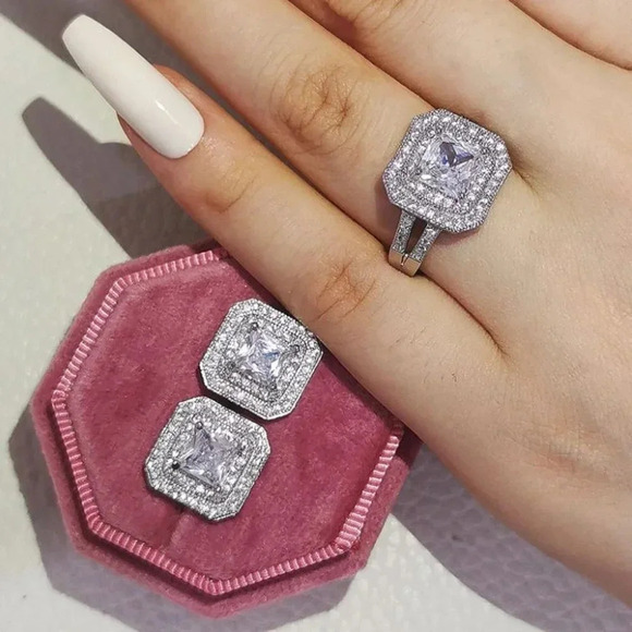 925 Sterling Silver Princess Cut Diamond Earring & Ring Jewelry Set - Picture 1 of 4